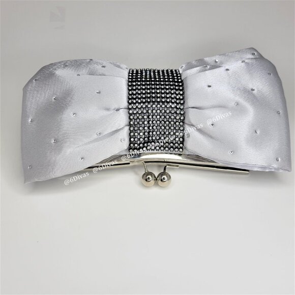 Silver Satin Glitter Evening Purse With Large Bow and Rhinestone Studded Accent - Picture 10 of 12